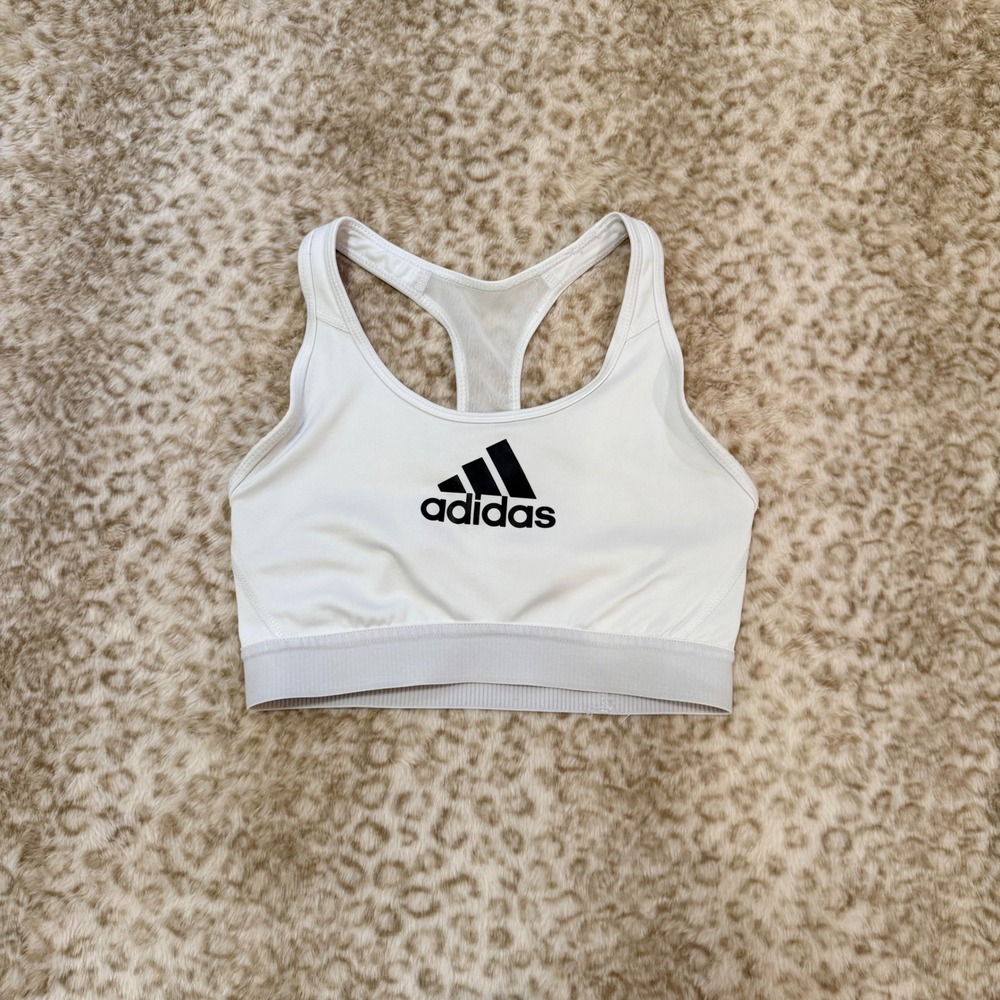 Adidas White Racerback Sports Bra Medium Womens Big Logo Activewear Workout Top